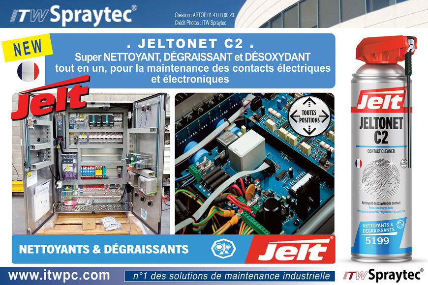 ITW Spraytec étend son offre “Nettoyants-Dégraissants, et annonce la sortie d’une nouvelle solution nettoyante, dégraissante et désoxydante tout en un, pour la maintenance des équipements électriques et électroniques : JELTONET C2